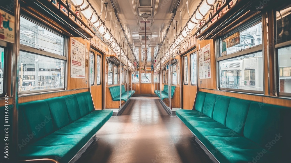 A quiet, empty electric train interior, showcasing comfortable seating and modern design elements, inviting viewers to imagine their next journey A quiet, empty electric train interior, showcasing comfortable seating and modern design elements, inviting viewers to imagine their next journey