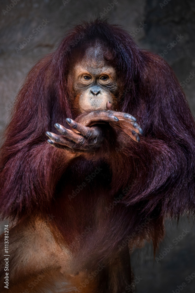 Fototapeta premium Portrait of Bornean orangutan on blurry background