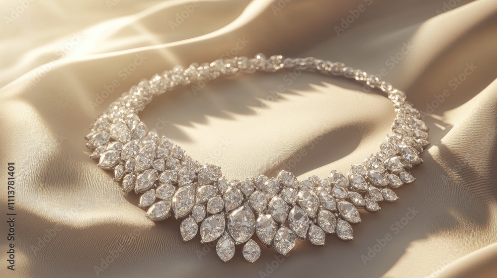 A radiant diamond necklace elegantly displayed on a soft silk cloth, glimmering under soft light, showcasing the craftsmanship and beauty of fine jewelry A radiant diamond necklace elegantly displayed on a soft silk cloth, glimmering under soft light, showcasing the craftsmanship and beauty of fine jewelry