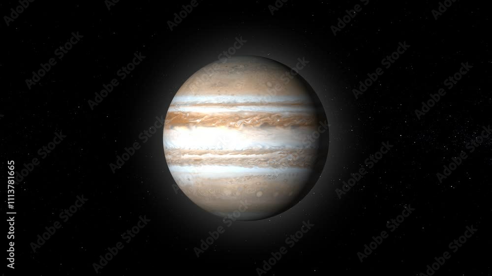 Jupiter rotating isolated on black background. Turning of the planet, side view. Ultra HD 4K Loop footage. 3D render. Jupiter rotating isolated on black background. Turning of the planet, side view. Ultra HD 4K Loop footage. 3D render.