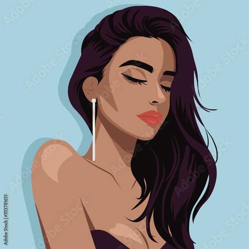 Portrait of a charming young woman in a dress with bare shoulders. Vector, flat style. 