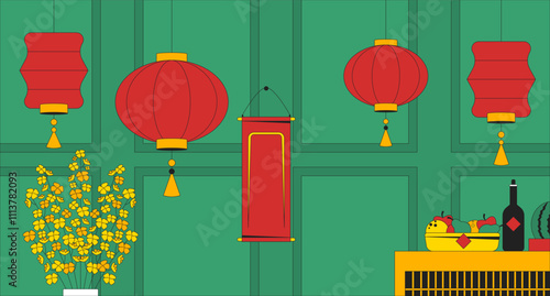 Lunar new year house ornaments flat illustration. Cny decorations at home with paper lanterns, floral blossom, treats 2D interior cartoon background. Feng Shui decor for living room scene vector image