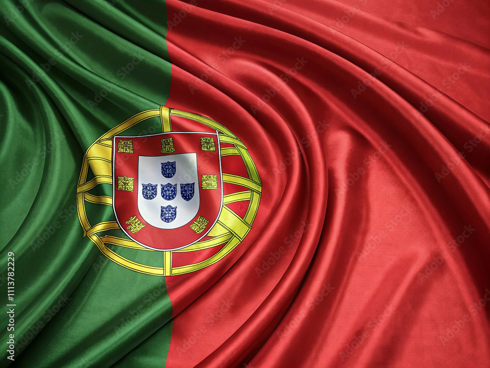 Detailed view of Portugal's flag with a focus on its intricate golden emblem and rich colors Detailed view of Portugal's flag with a focus on its intricate golden emblem and rich colors