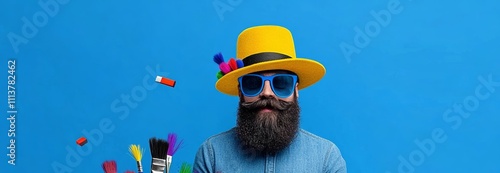 Man with a yellow hat and glasses is holding a bunch of Legos. The image conveys a playful and creative mood, as the man is surrounded by colorful Legos and he is enjoying himself photo