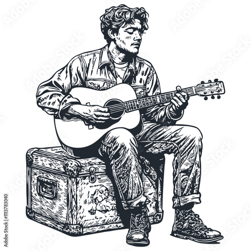A travelling musician playing guitar while sitting on a suitcase, engraving style, vector illustration.