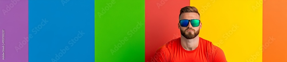 Obraz premium Man wearing sunglasses and a red shirt is standing in front of a colorful wall. The wall is made up of different colored stripes, creating a vibrant and lively atmosphere