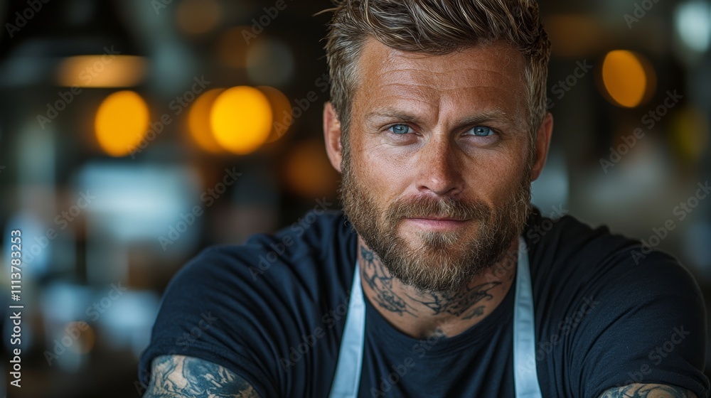 Man with a beard and tattoos is standing in front of a restaurant. He is wearing a black shirt and apron Man with a beard and tattoos is standing in front of a restaurant. He is wearing a black shirt and apron