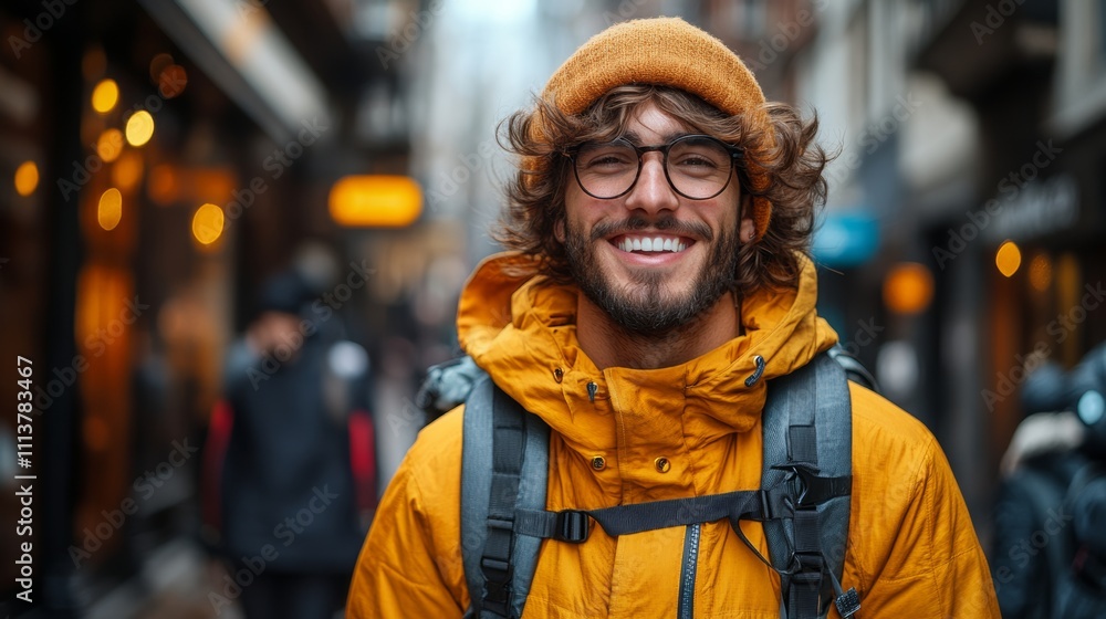 Man wearing a yellow jacket and a yellow hat is smiling. He is wearing glasses and has a backpack on. He is standing in a busy street with other people around him Man wearing a yellow jacket and a yellow hat is smiling. He is wearing glasses and has a backpack on. He is standing in a busy street with other people around him