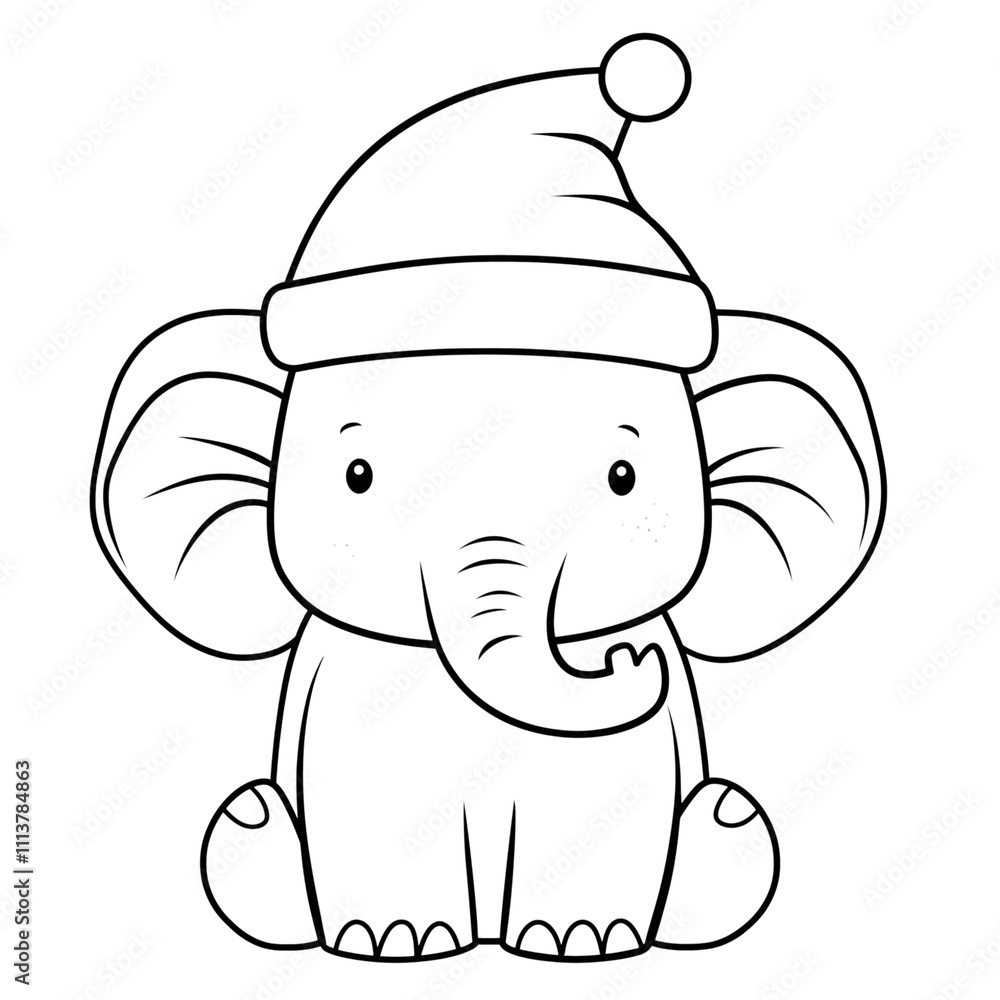 Fototapeta premium Elephant in a hat, simple and easy coloring book for kids, cartoon style, linear art.