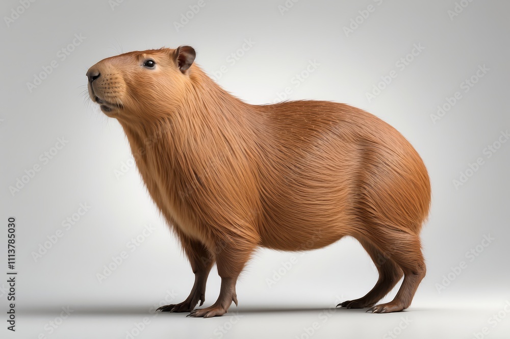 A reddish-brown capybara stands on a light gray background, looking up. A reddish-brown capybara stands on a light gray background, looking up.