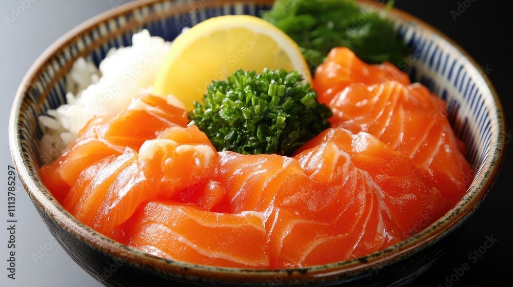 A scenic view of marinated salmon served in a bowl with a side of rice and vegetables, emphasizing a balanced and delicious meal presentation A scenic view of marinated salmon served in a bowl with a side of rice and vegetables, emphasizing a balanced and delicious meal presentation