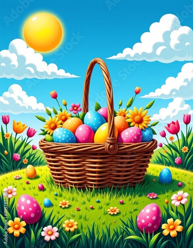 Wallpaper Mural Cute Cartoon Easter Basket with Eggs and Flowers, Vaporwave Illustration for Digital Backgrounds, Social Media, and Commercial Use Torontodigital.ca