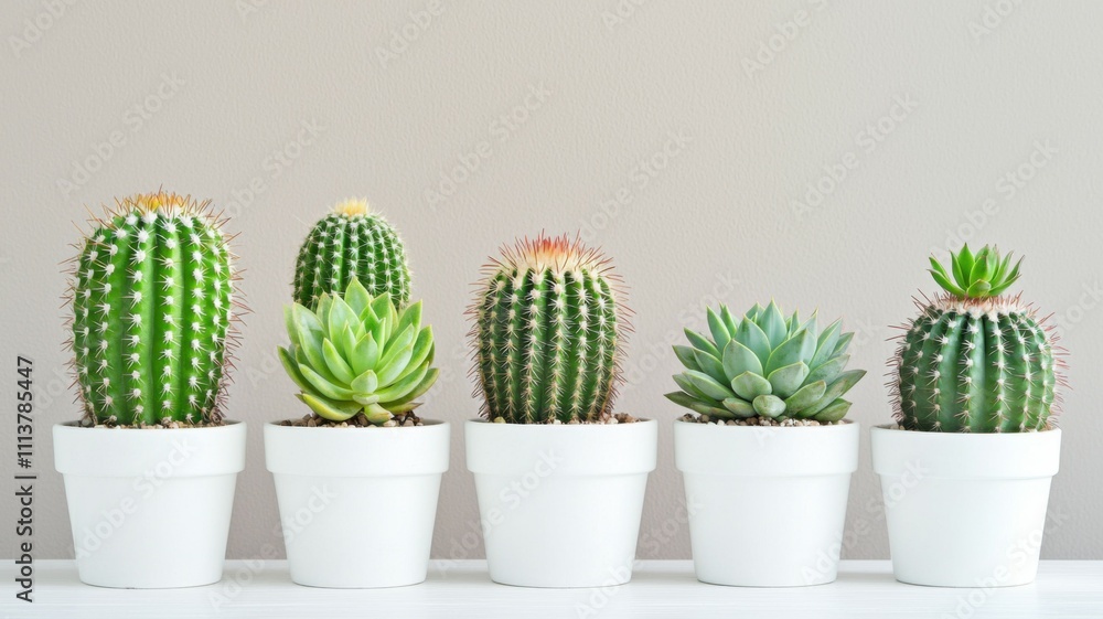 Unique natural indoor cactus. Five potted cacti arranged in a row against a neutral background. Unique natural indoor cactus. Five potted cacti arranged in a row against a neutral background.