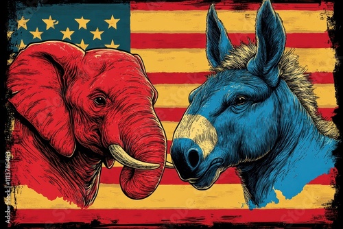 Political Clash: Red Elephant vs Blue Donkey Over American Flag in Pop Art Style photo