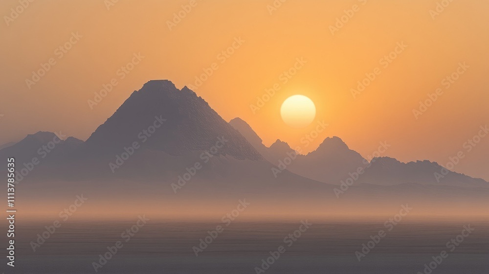 A serene early morning shot of a pyramid shrouded in mist, with the sun slowly rising behind it, creating a mystical atmosphere in the desert A serene early morning shot of a pyramid shrouded in mist, with the sun slowly rising behind it, creating a mystical atmosphere in the desert