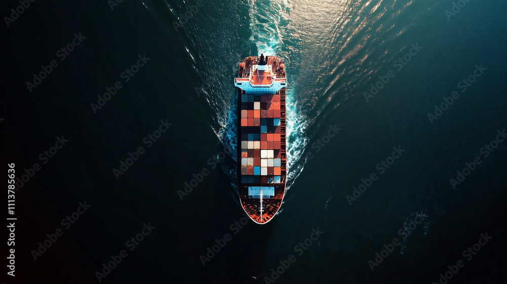 Aerial view of cargo ship at sea with colorful containers Aerial view of cargo ship at sea with colorful containers