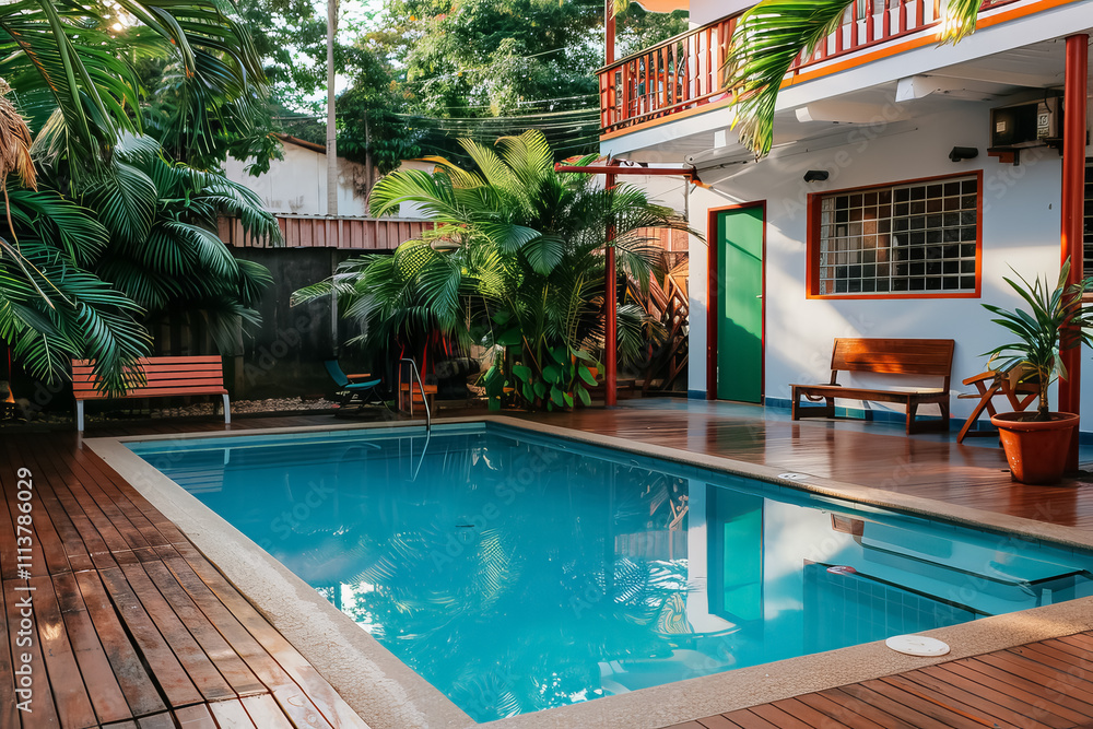 custom made wallpaper toronto digitalA pool with a bench and a potted plant in front of it