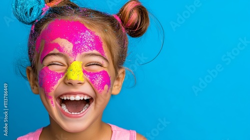 Young girl with pink face paint and yellow hair is smiling and laughing. Concept of joy and playfulness photo