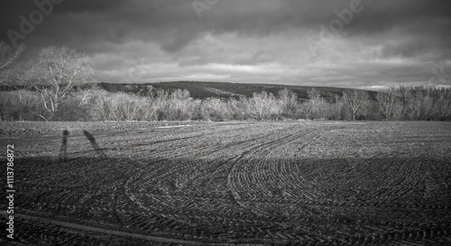 Black and white landscape of a plowed field at sunset, featuring elongated shadows of two figures cast across the textured ground, with bare trees and dramatic clouds in the background. photo