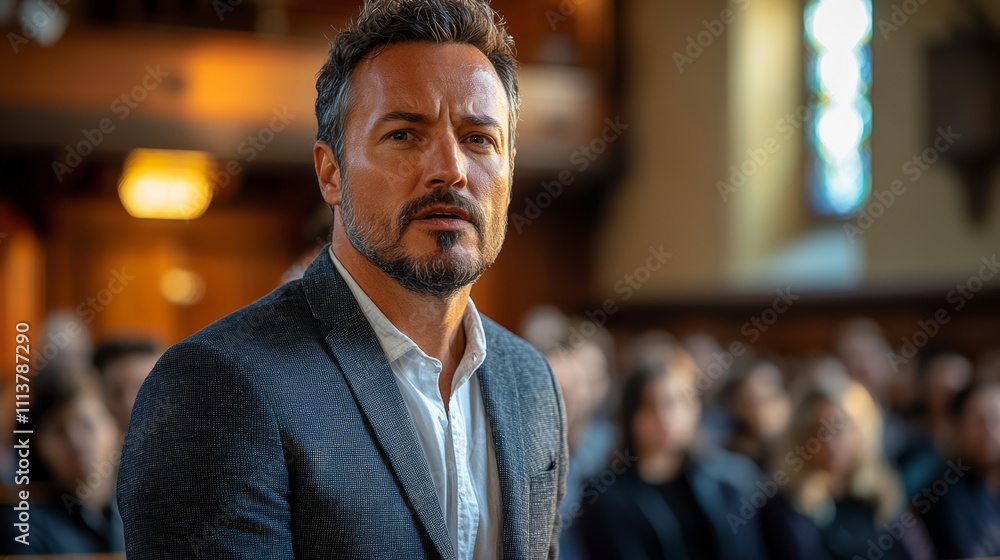 Fototapeta premium Man in a suit is standing in front of a crowd. He is wearing a black jacket and white shirt
