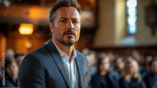 Man in a suit is standing in front of a crowd. He is wearing a black jacket and white shirt photo