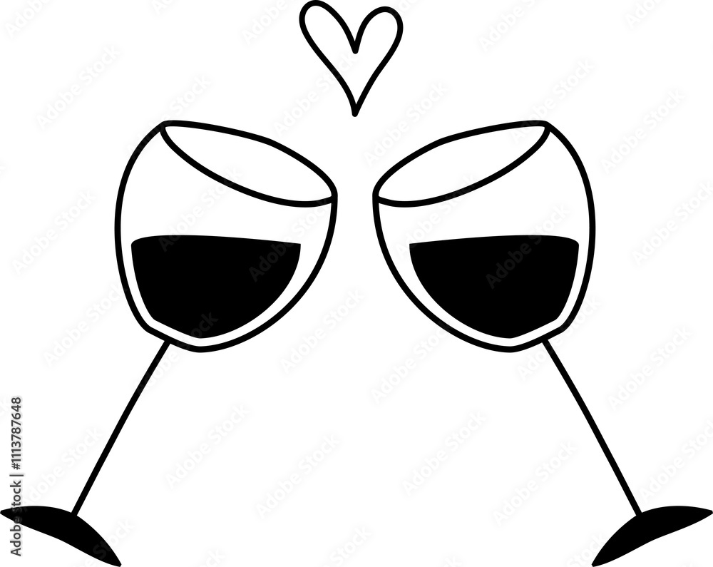 Glasses of Wine and Heart Hand Drawn Black Line Vector Fun Style