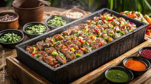 A sizzling mookata grill filled with marinated pork, colorful vegetables, and aromatic herbs, with steam rising and a mouthwatering array of dipping sauces on the side photo