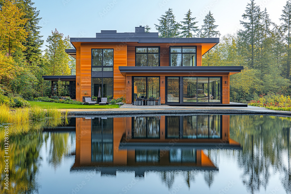 Modern Wooden House Reflecting in Calm Water Modern Wooden House Reflecting in Calm Water
