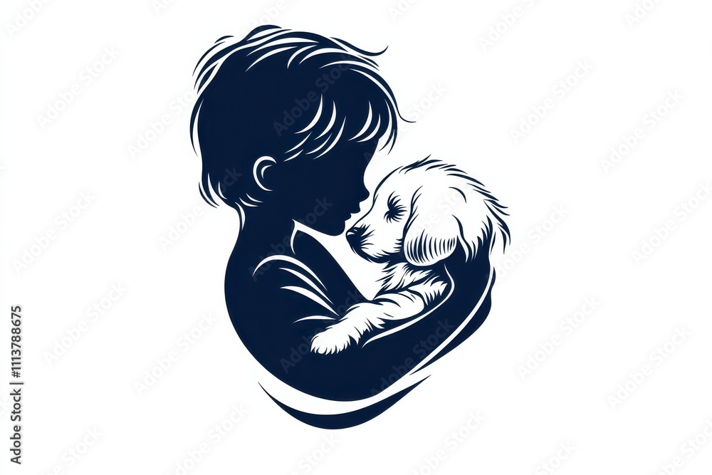 Logo child hugs dog. Boy with puppy. Love and protection of animals. Pets. Black and white image. Generated by AI