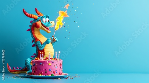 A cute blue dragon blows out the candles on a pink birthday cake.