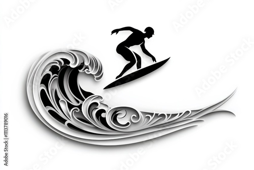 Black linear logo of surfer with surfboard riding a the waves. Art emblem, isolated on a clean white background. Minimalism style with abstract design elements. Generated by AI photo