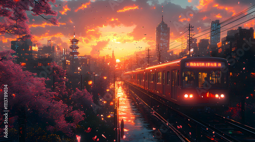 City Train Sunset Cherry Blossoms Scenic View