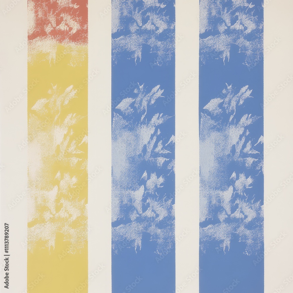 Abstract art with vertical stripes in red, yellow, and blue hues featuring a cloud-like pattern. Abstract art with vertical stripes in red, yellow, and blue hues featuring a cloud-like pattern.
