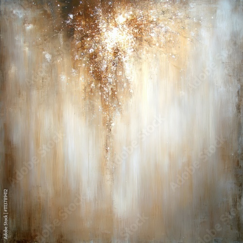 Abstract beige and brown textured painting with light streaks.