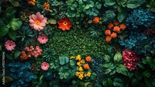 Lush floral wall with vibrant blooms and green foliage.