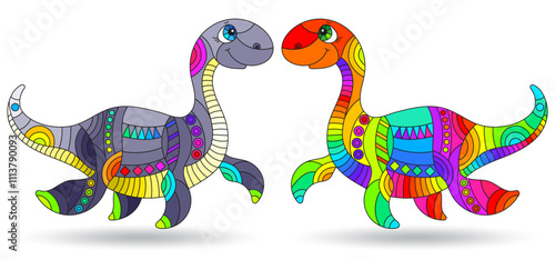 A set of illustrations in the style of stained glass with bright dinosaurs, animals isolated on a white background