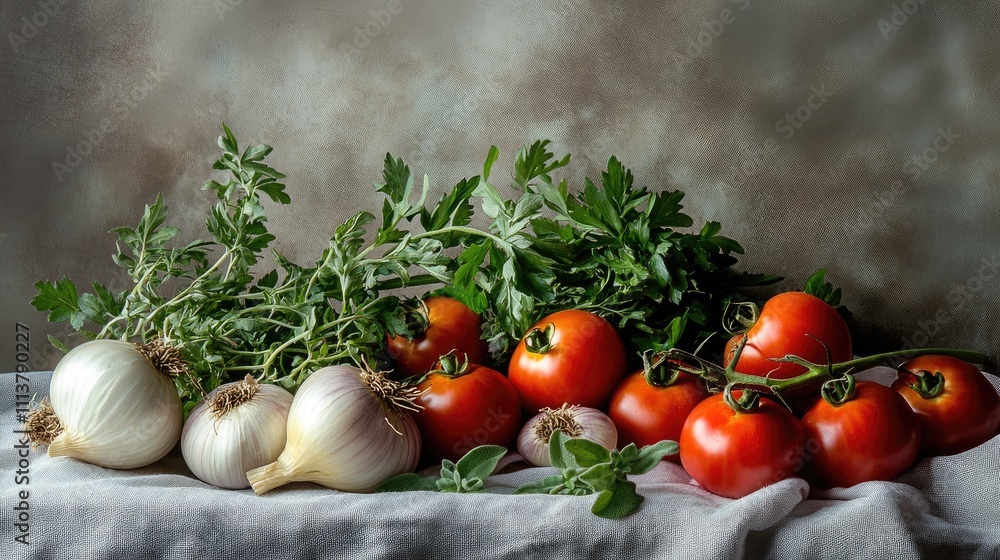 A still life of shallots, tomatoes, and herbs arranged artistically, with soft lighting highlighting the freshness and colors of the ingredients A still life of shallots, tomatoes, and herbs arranged artistically, with soft lighting highlighting the freshness and colors of the ingredients