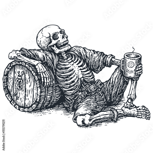 Skeleton with a mug and barrel, engraving style, vector illustration.