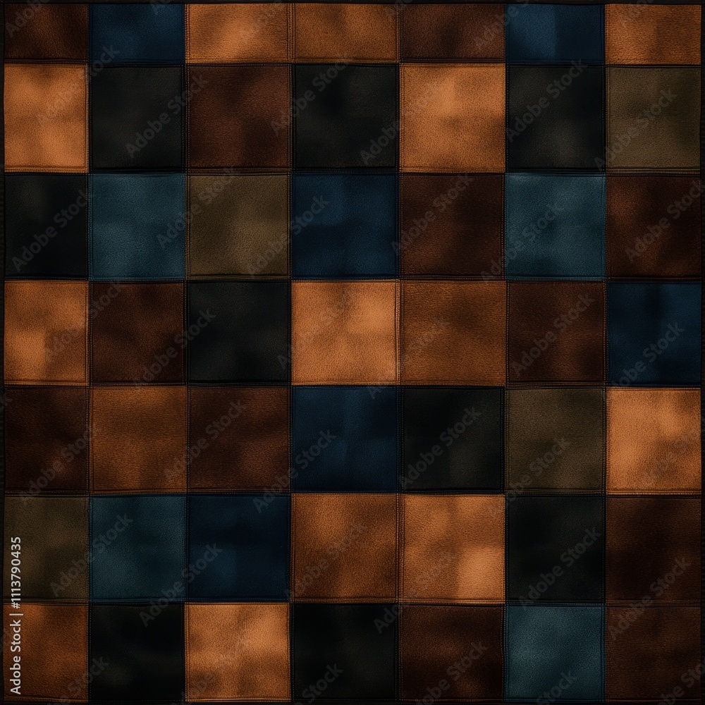 Abstract checkered pattern with dark brown, orange, and blue tones. Abstract checkered pattern with dark brown, orange, and blue tones.
