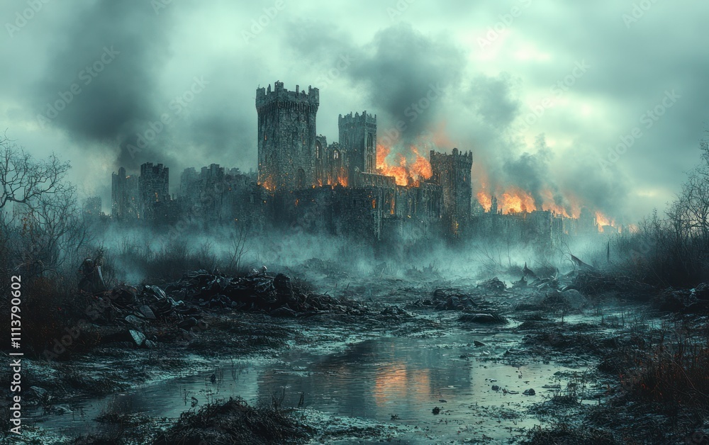 Battlefield Aftermath Depicting Armor and Weapons in a Dark Stormy Landscape of Medieval Warfare and Conflict Battlefield Aftermath Depicting Armor and Weapons in a Dark Stormy Landscape of Medieval Warfare and Conflict