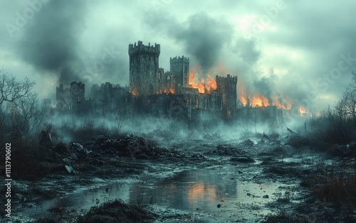 Wallpaper Mural Battlefield Aftermath Depicting Armor and Weapons in a Dark Stormy Landscape of Medieval Warfare and Conflict Torontodigital.ca