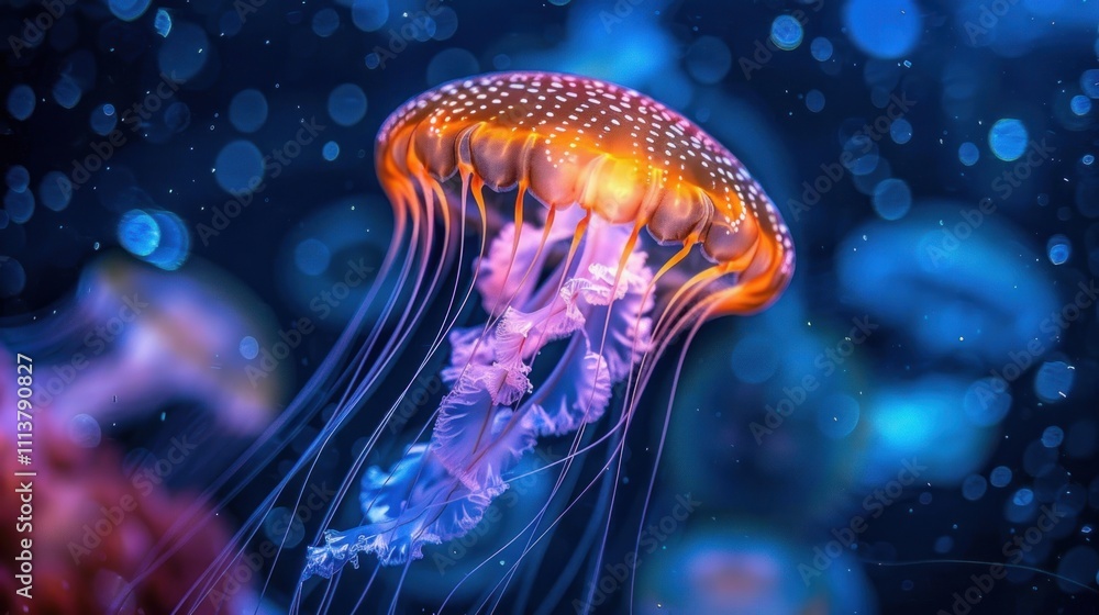 A vibrant jellyfish swimming gracefully in a deep blue ocean setting. A vibrant jellyfish swimming gracefully in a deep blue ocean setting.