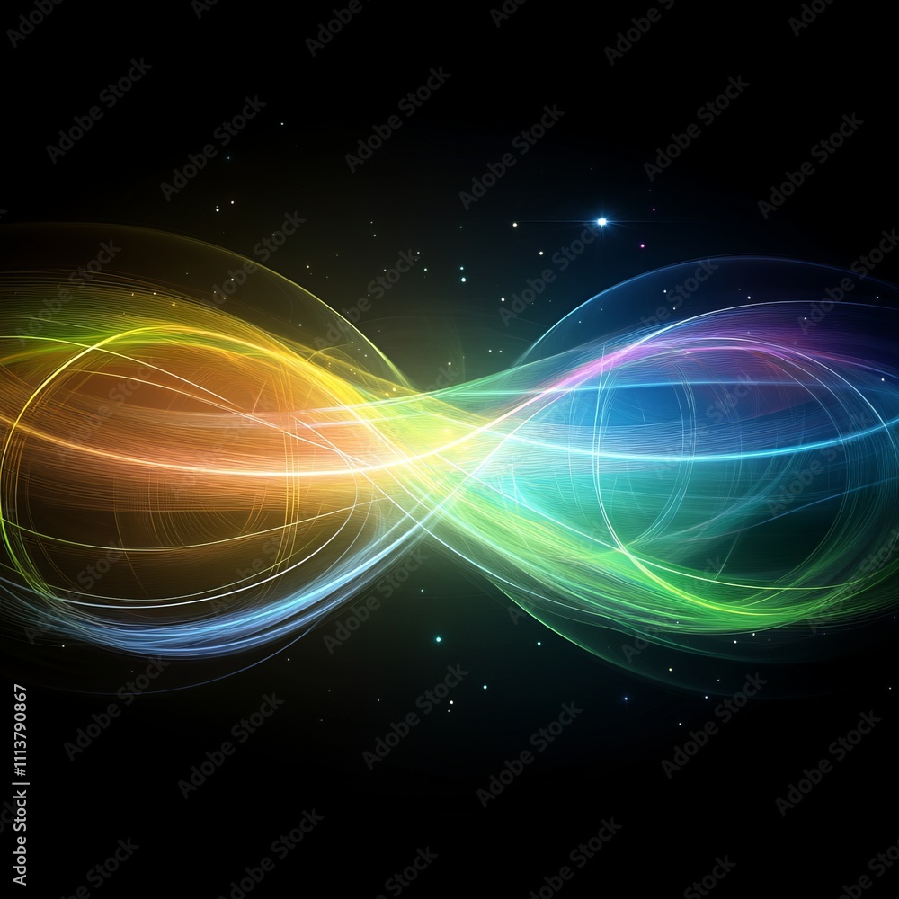 Abstract colorful infinity symbol glowing in dark space. Abstract colorful infinity symbol glowing in dark space.