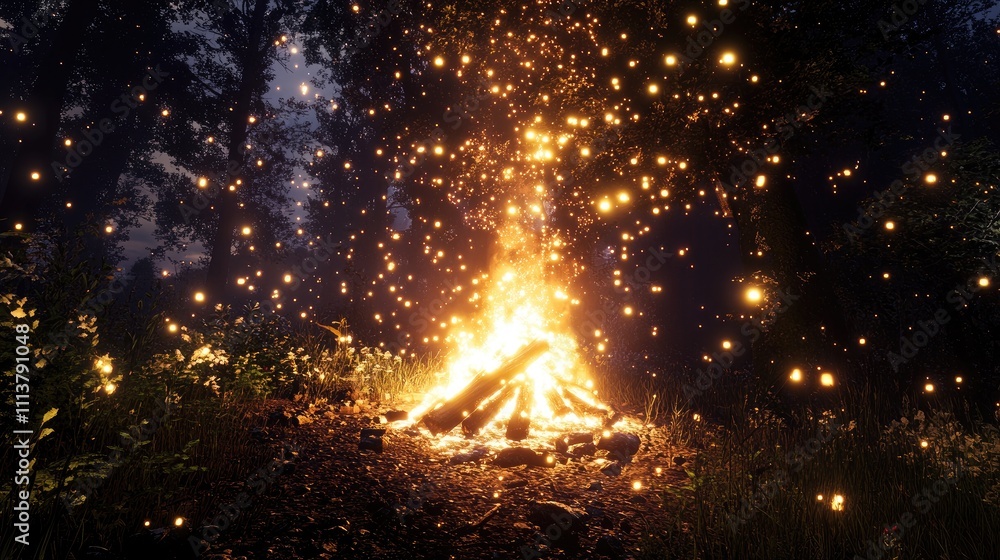 Naklejka premium A striking photograph of a campfire at night, with bright flames dancing and warm light illuminating the surrounding darkness, creating a cozy yet wild atmosphere