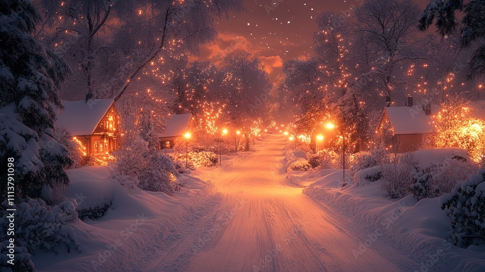 Snowy village street at night with warm lights. Snowy village street at night with warm lights.