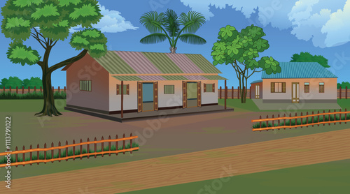 Rural village scene with traditional houses, trees, wooden fences, and open sky - perfect for images of countryside or agricultural settings