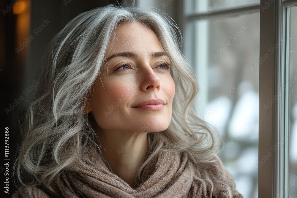 Mid-aged woman with silver hair smiling indoors in a new apartment enjoying relocation day Mid-aged woman with silver hair smiling indoors in a new apartment enjoying relocation day