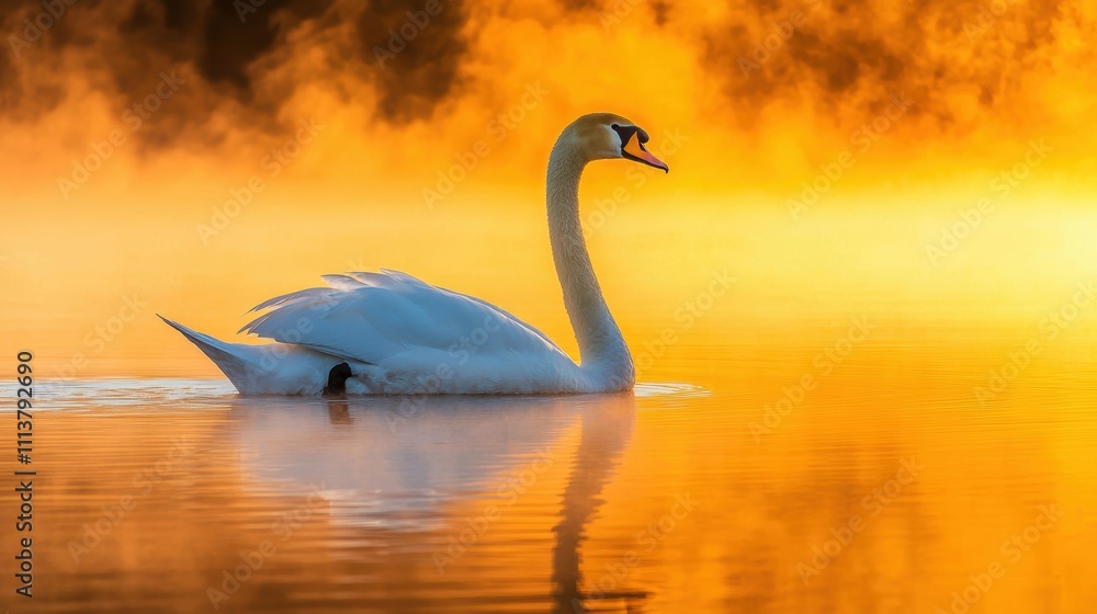 Fototapeta premium Elegant Swan Gliding Through Misty Water at Sunrise in Autumn