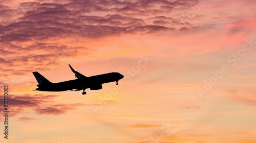 Airplane Silhouette Against Colorful Sunset Sky at Dusk