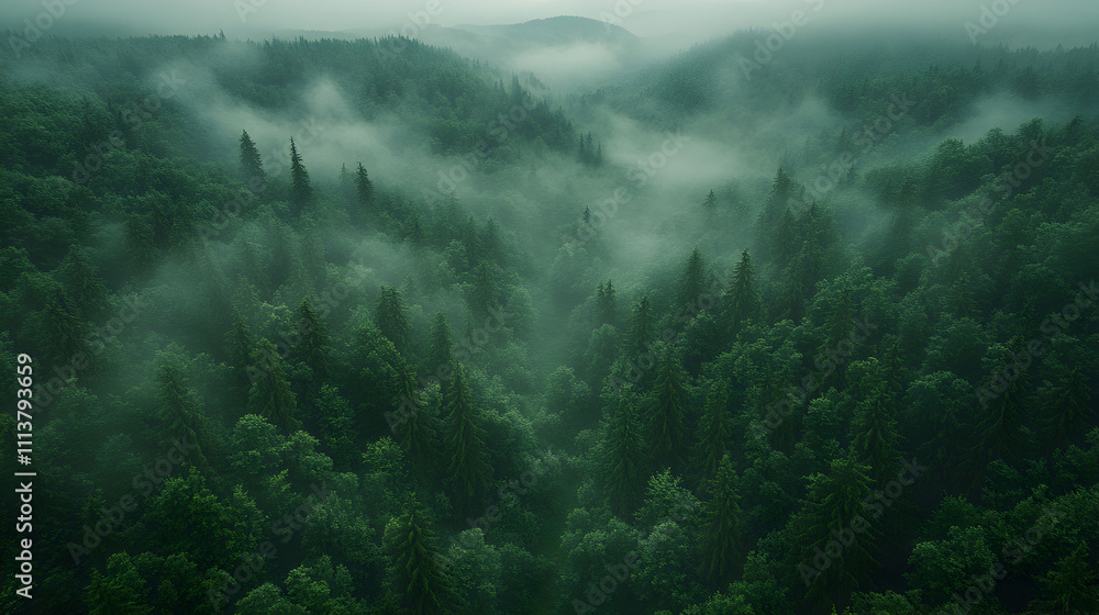 Misty Mountain Forest Aerial View Green Canopy Misty Mountain Forest Aerial View Green Canopy